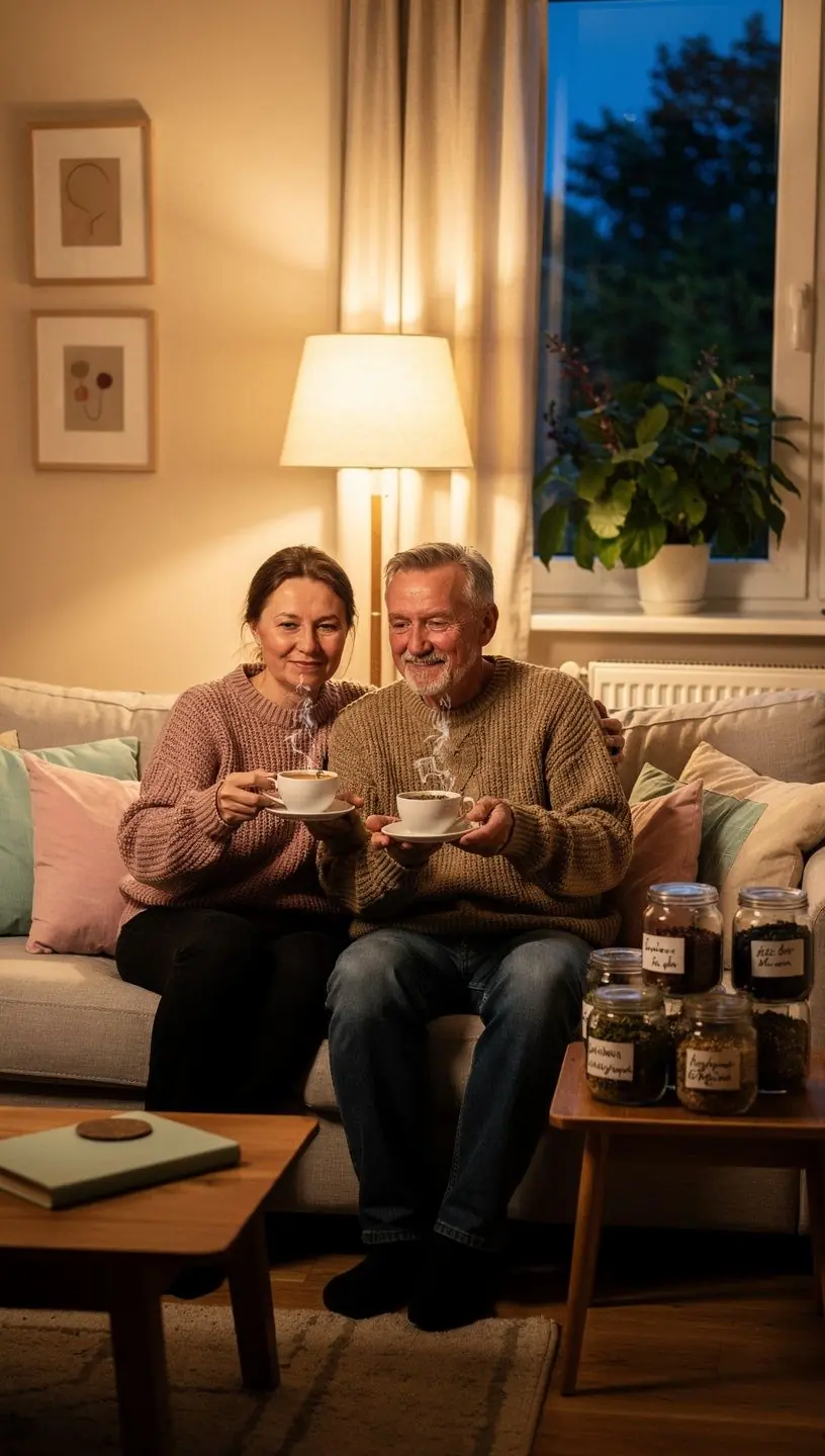 Moteris ramiai geria žolelių arbatą, sėdėdama prie lango vakaro metu.