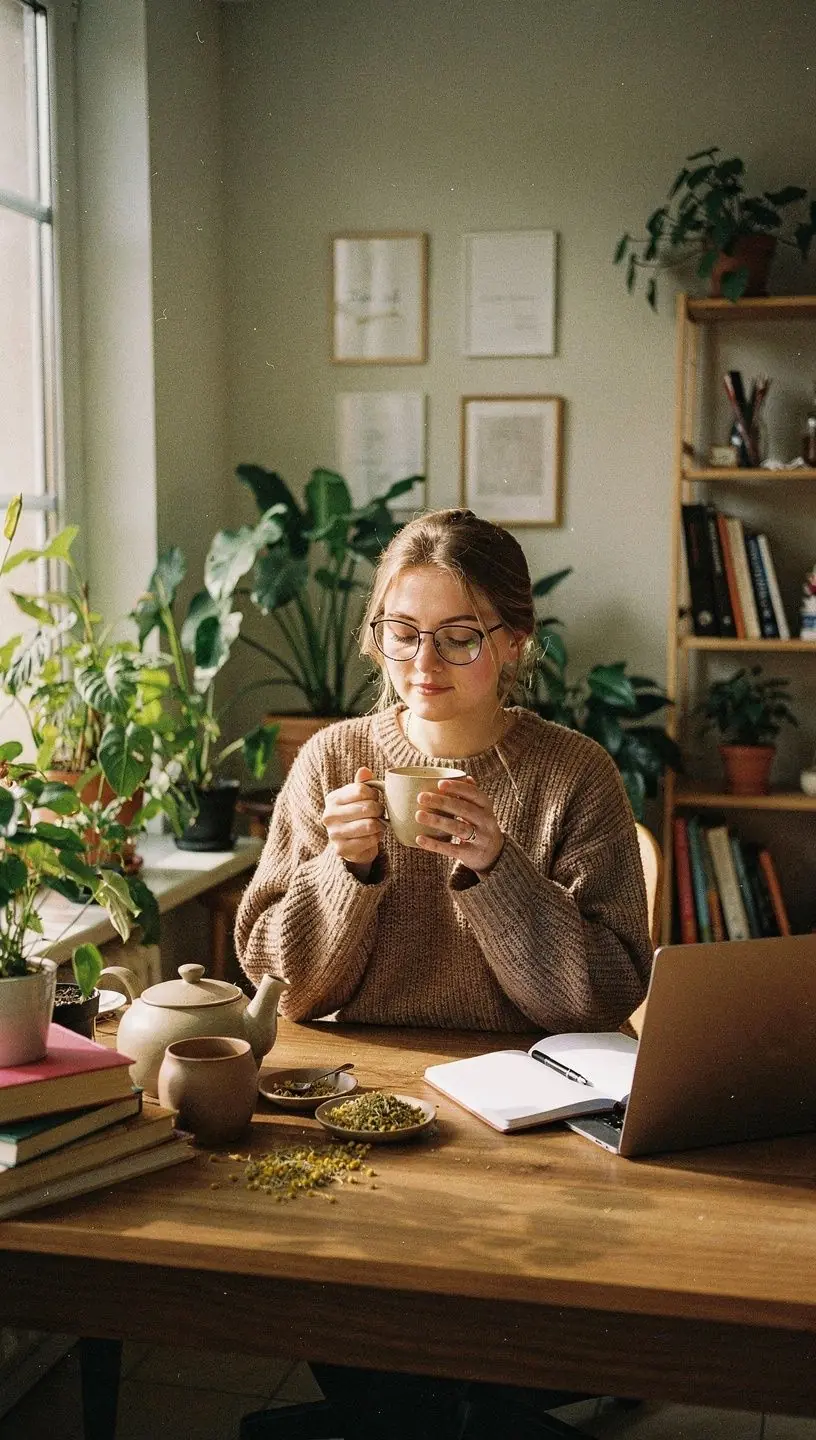 Šiltas žolelių arbatos puodelis ant medinio stalo vakaro metu, šalia uždegtos žvakės.