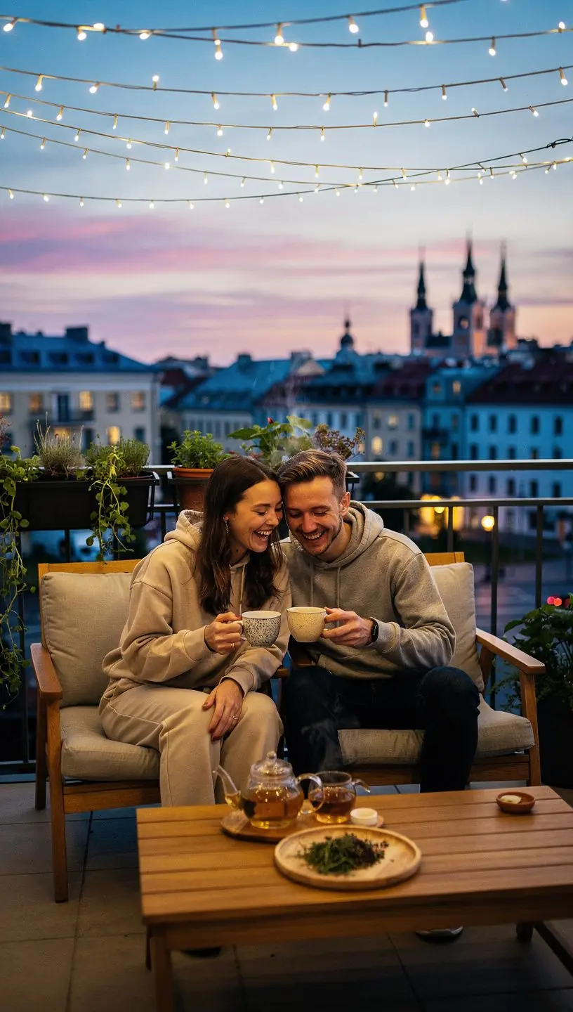 Ramus namų interjeras su minkšta sofa ir arbatos rinkiniu ant kavos staliuko.