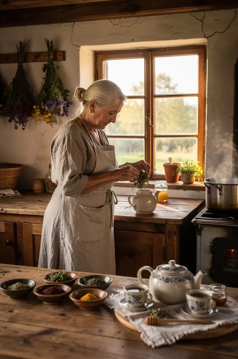 Žolelių arbatos lapeliai ir džiovintos gėlės, išdėliotos ant šviesaus lino audinio.